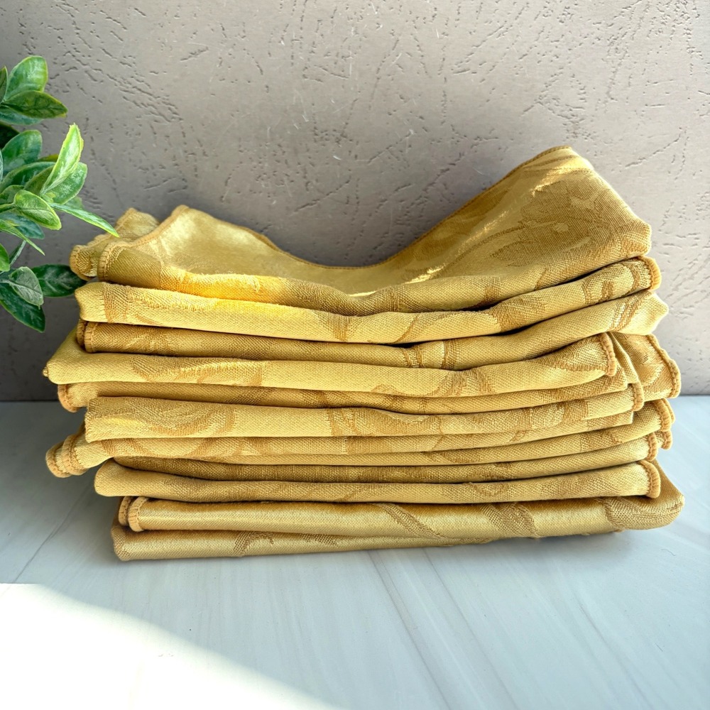 Set of 12 Gold Jacquard Damask Cloth Napkins Elegant Scroll Floral Table Linens